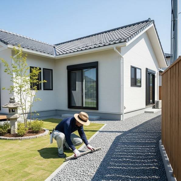 防草シートと砂利敷きの外構施工（埼玉）